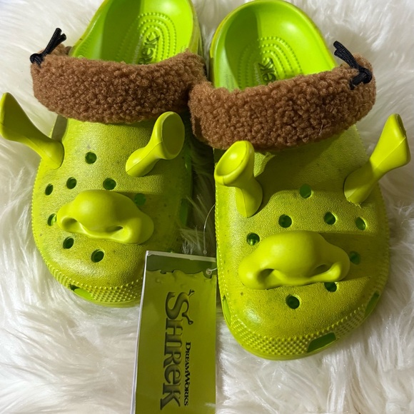 CROCS Lime Green Clogs with Fuzzy Brown Strap - Picture 3 of 4